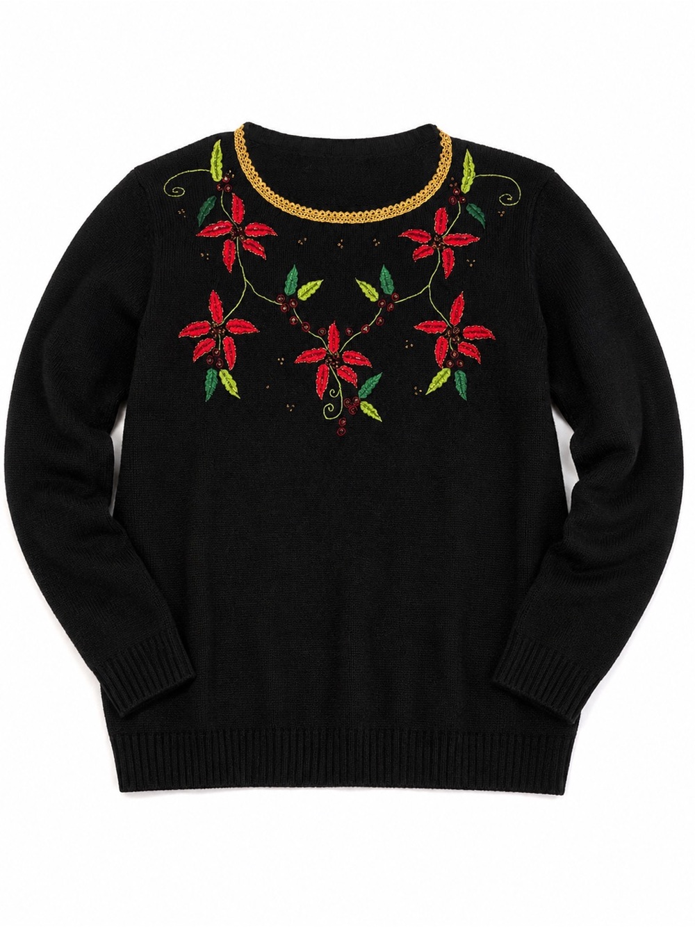 Y2K Classic Black  embroidered Holiday Poinsettia Sweater